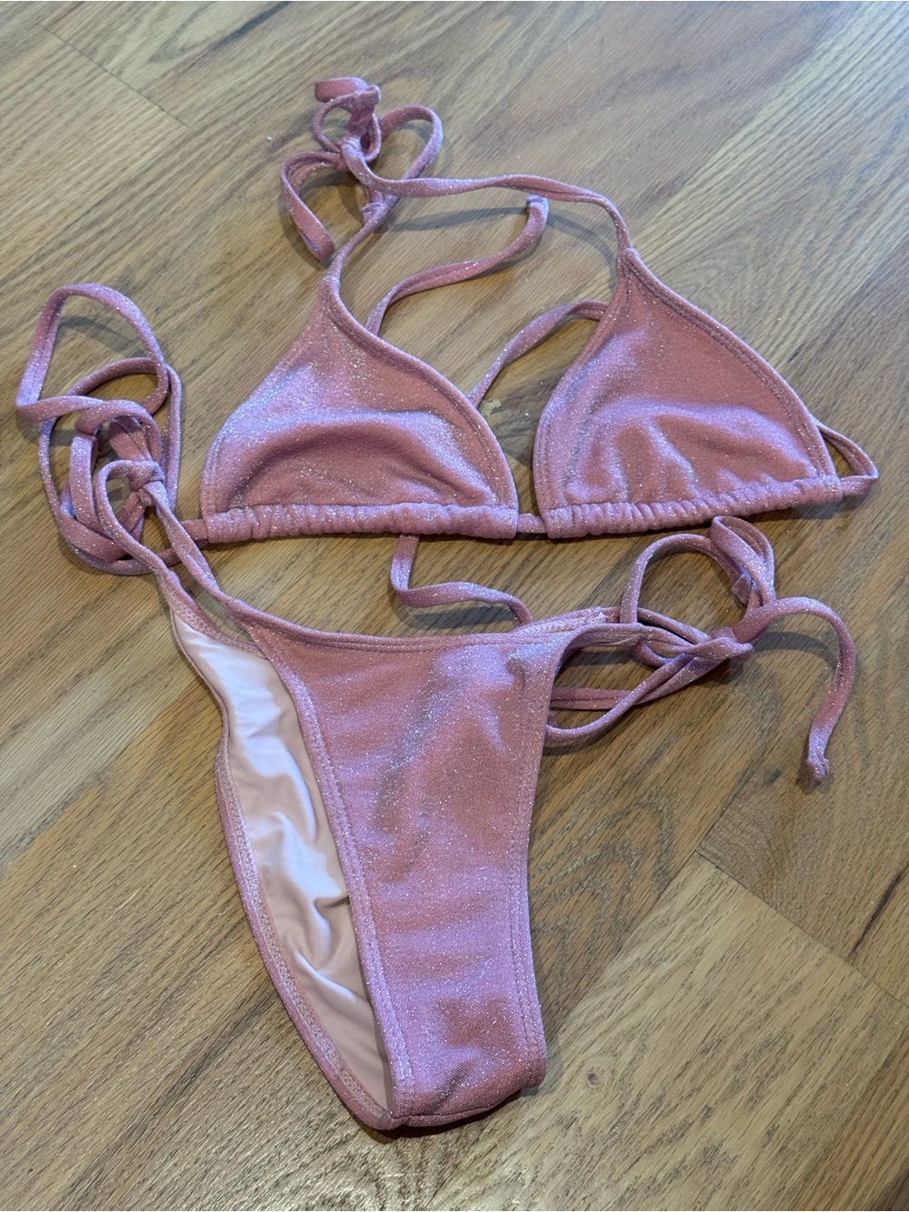 Sparkle Pink Triangle Tie Bikini Set